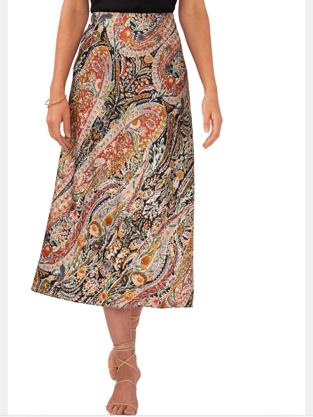 1. State Paisley Midi Skirt in Black, Rust and Cream